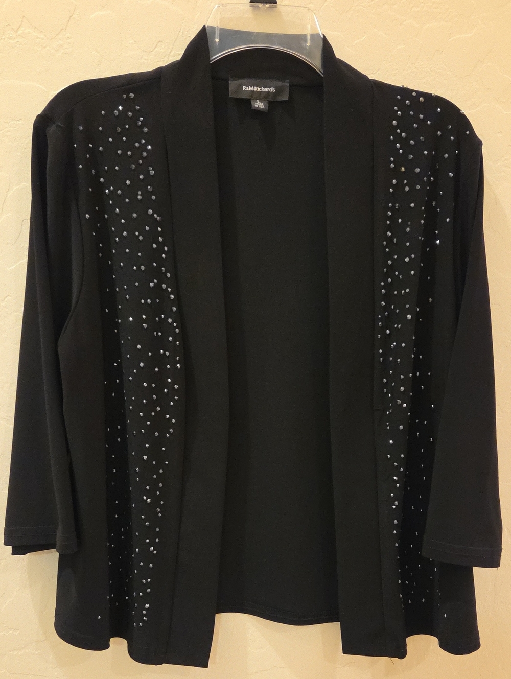 R&M Richards Black Embellished Open Front Like New